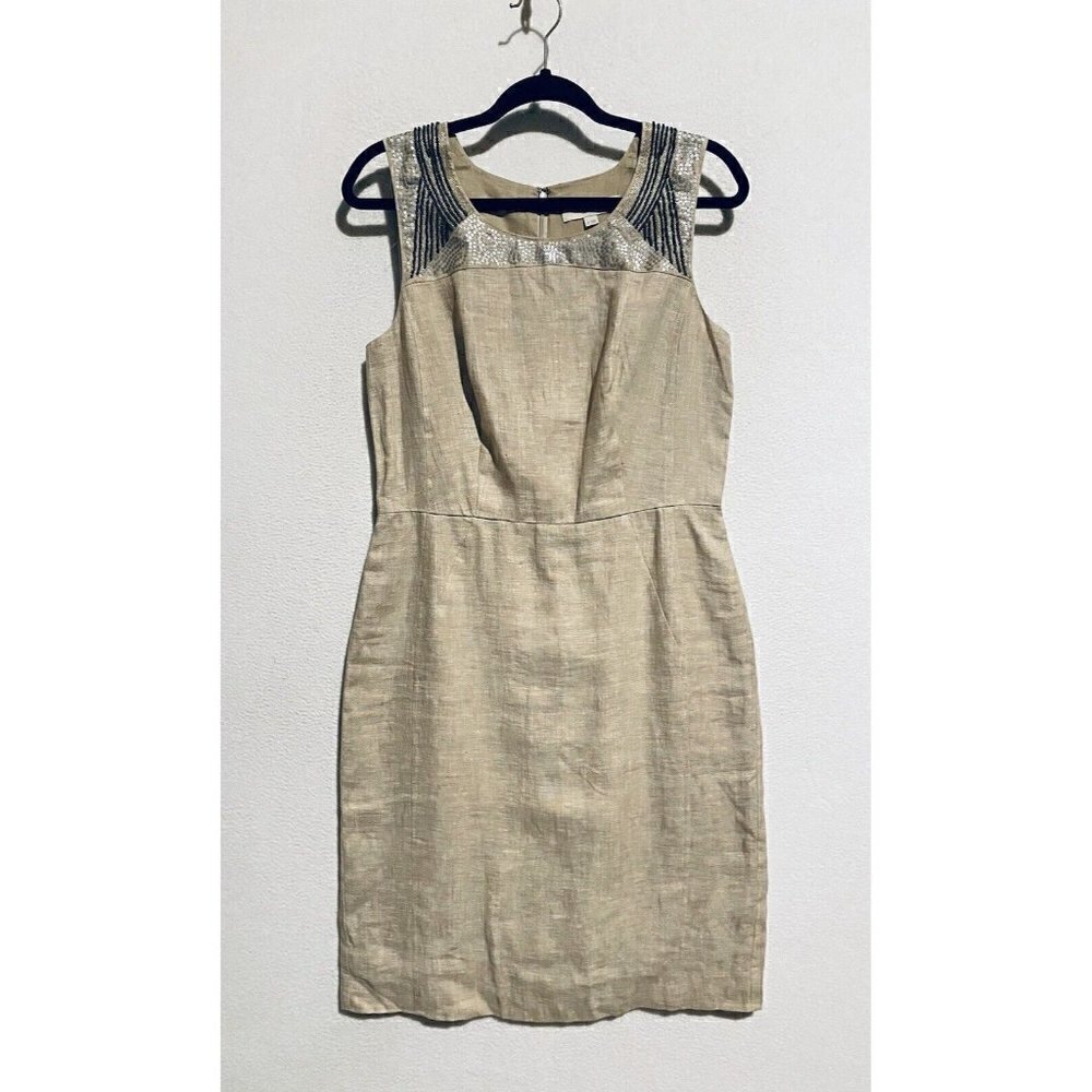 LOFT Dress Womens 8 Sleeveless Sheath Beaded Sequin Beige Linen Lined Boho